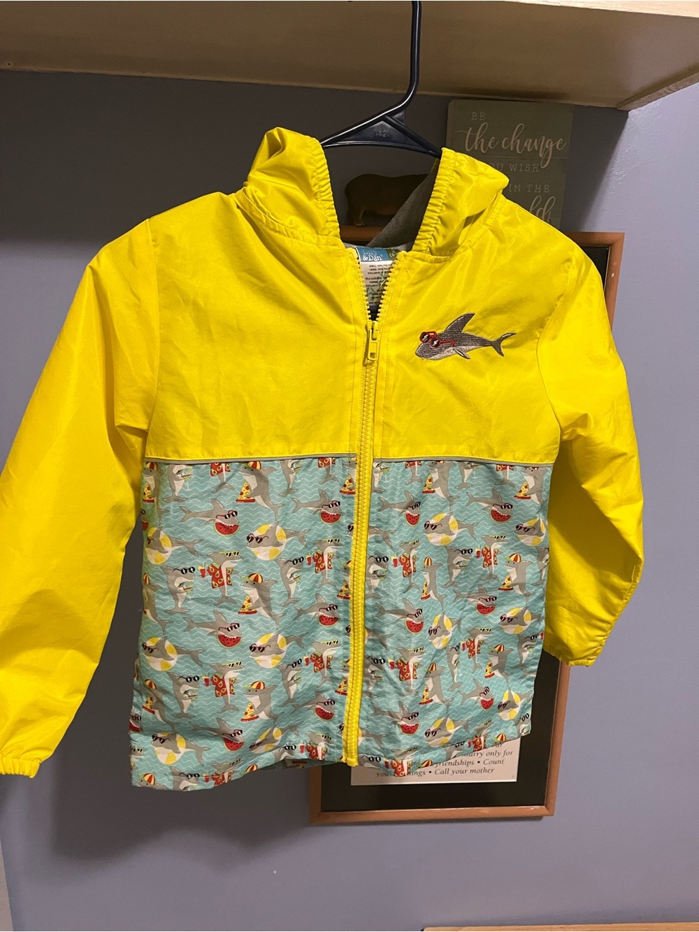 Kids Yellow Hooded Rain Jacket with Shark Accent
